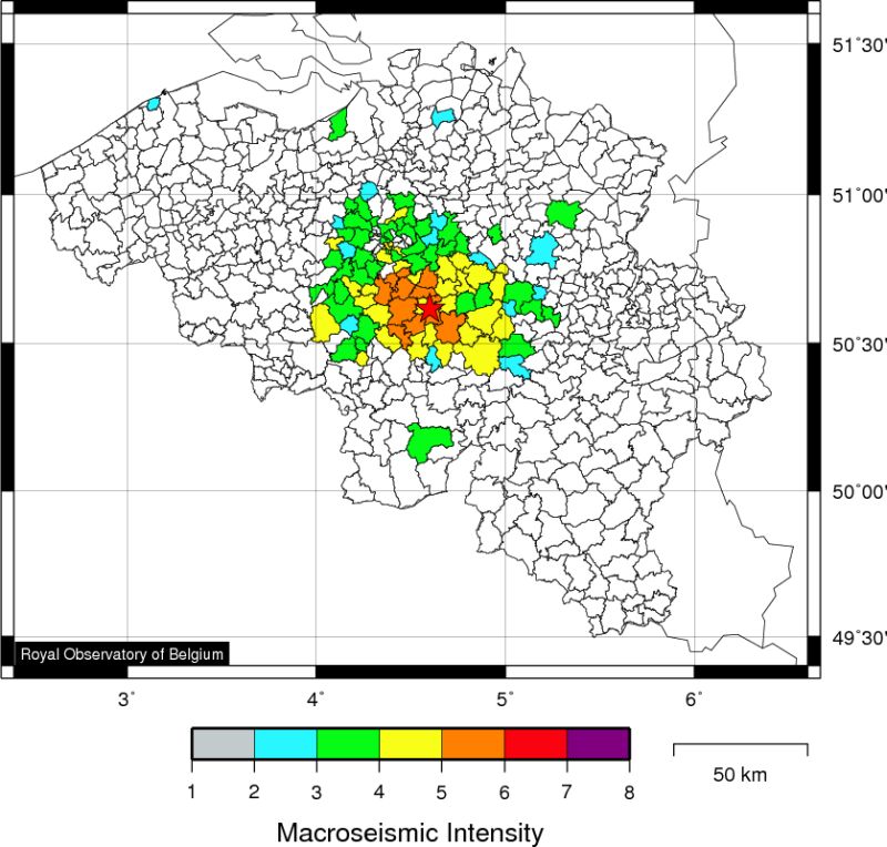 Carte macrosismique pour le tremblement de terre de 1953/01/06 à Court-Saint-Etienne. 